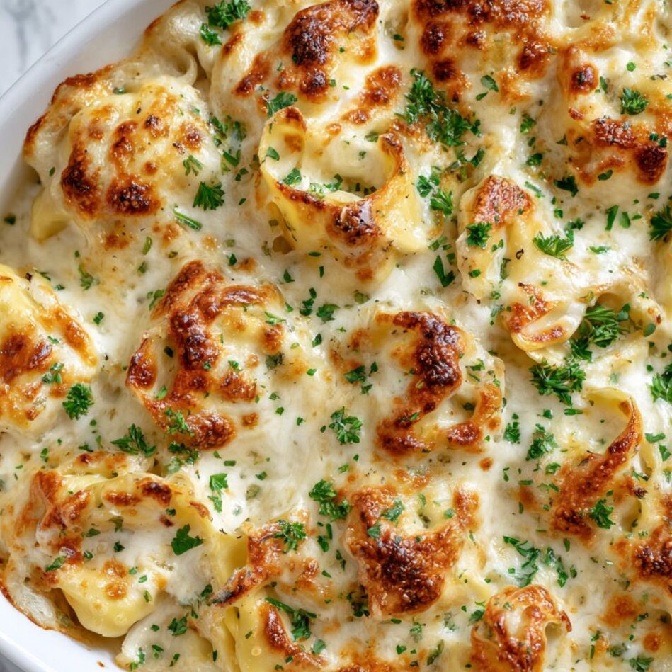 Finished baked tortellini with golden cheese top in casserole dish.