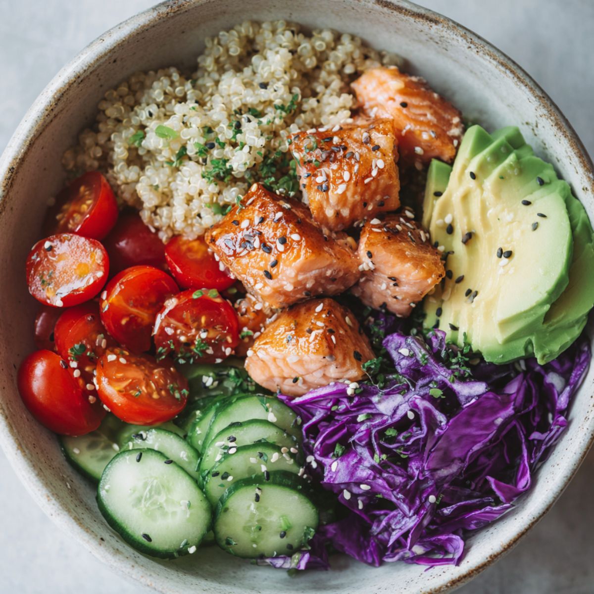 Salmon quinoa bowl being assembled with vegetables and herbs

