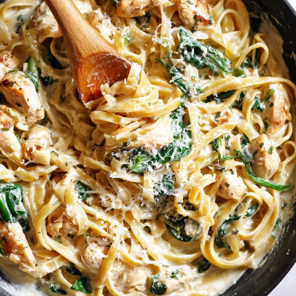 Chicken, pasta, and sauce being mixed together in a skillet for final combination