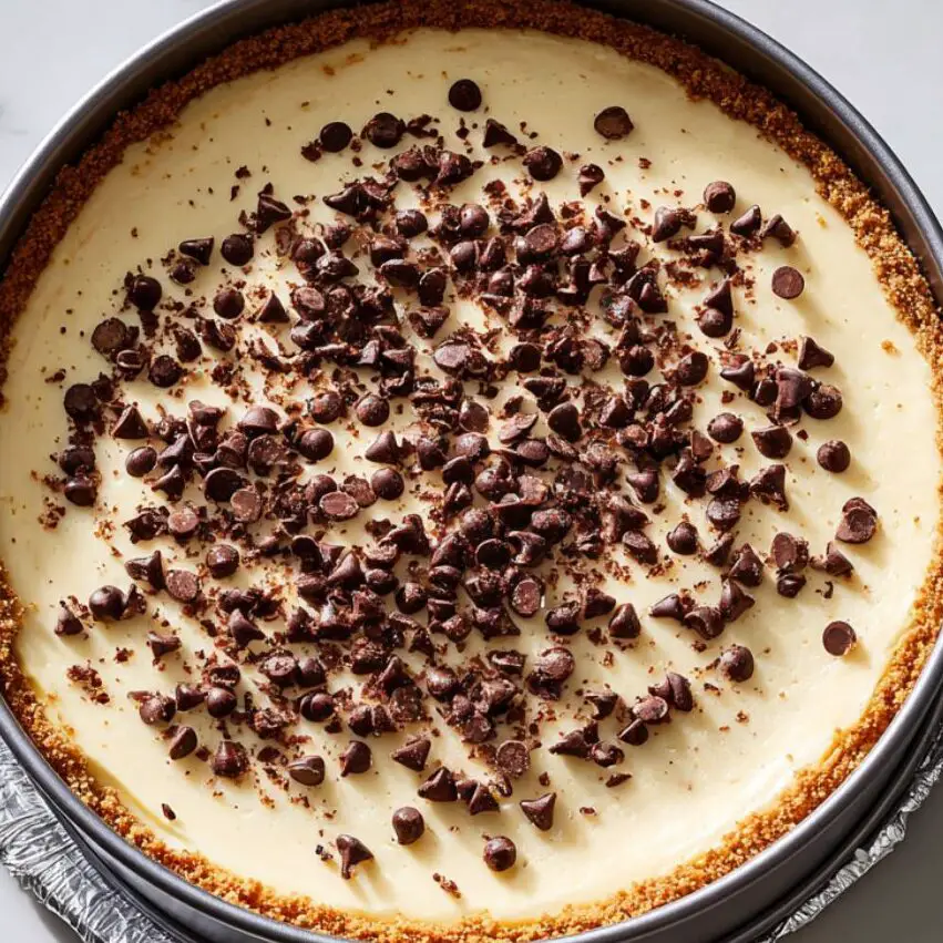 Unbaked cheesecake in water bath ready for the oven
