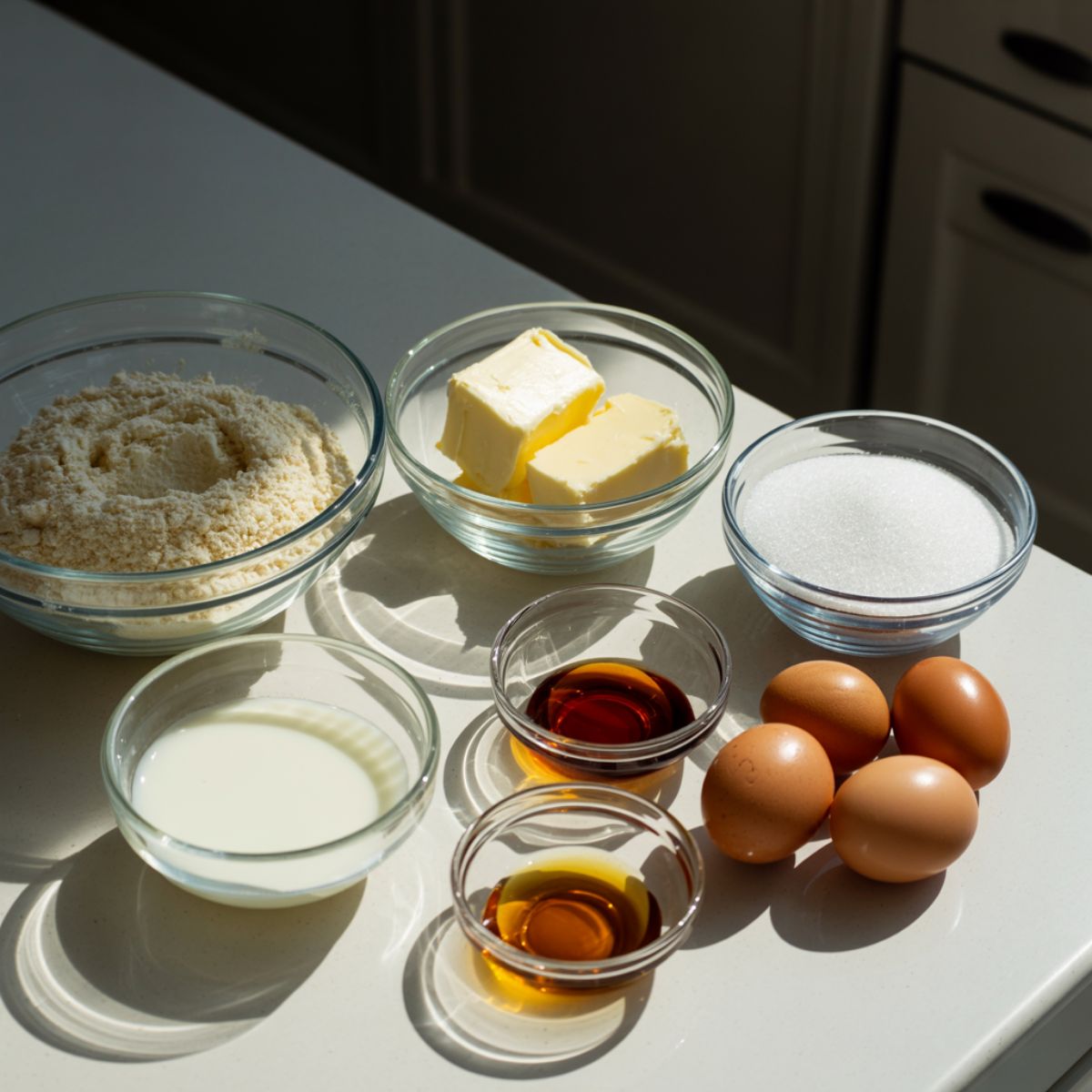 Measured almond cake ingredients in glass bowls on a white counter.

