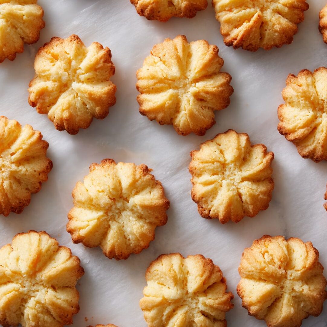 Freshly baked spritz cookies with golden edges cooling on a tray.

