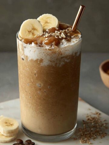 Creamy banana coffee smoothie recipe in a clear glass on a white kitchen counter