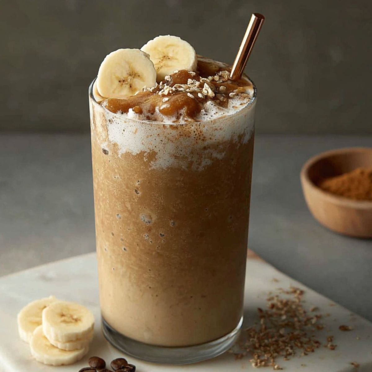 Creamy banana coffee smoothie recipe in a clear glass on a white kitchen counter