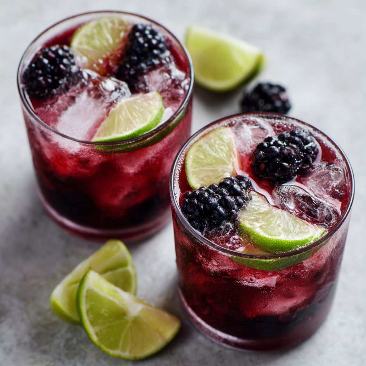 Glasses of blackberry limeade recipe on a white kitchen counter with lime slices and blackberries