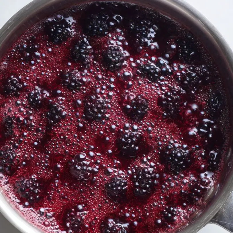 Fresh blackberries cooking with sugar and water in a saucepan on white surface