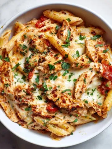 Creamy chicken mozzarella pasta recipe with penne and basil in a white bowl on a marble kitchen counter