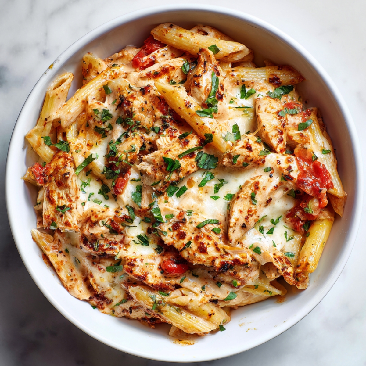 Creamy chicken mozzarella pasta recipe with penne and basil in a white bowl on a marble kitchen counter