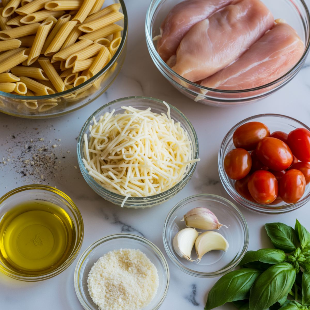 Raw ingredients for chicken mozzarella pasta laid out on a marble kitchen counter