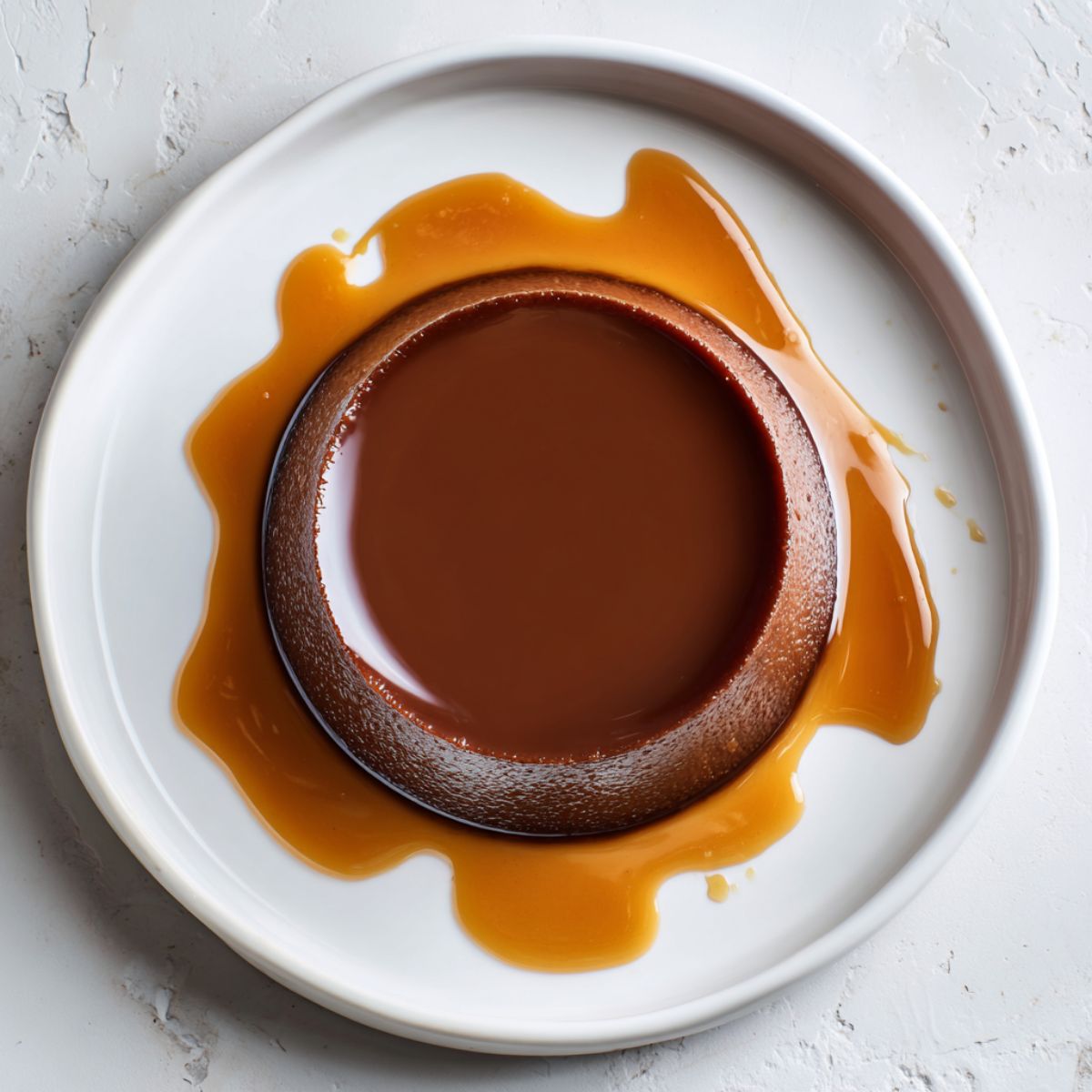 Unmolded homemade chocolate flan recipe with caramel sauce on white plate