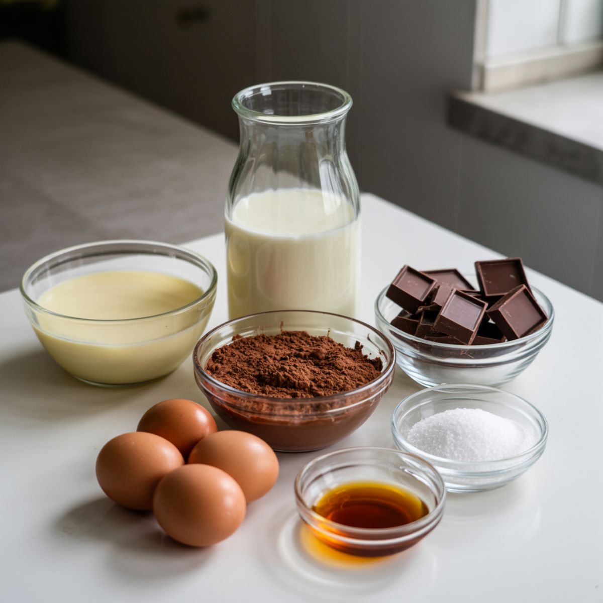 Chocolate flan recipe ingredients arranged on a white kitchen counter