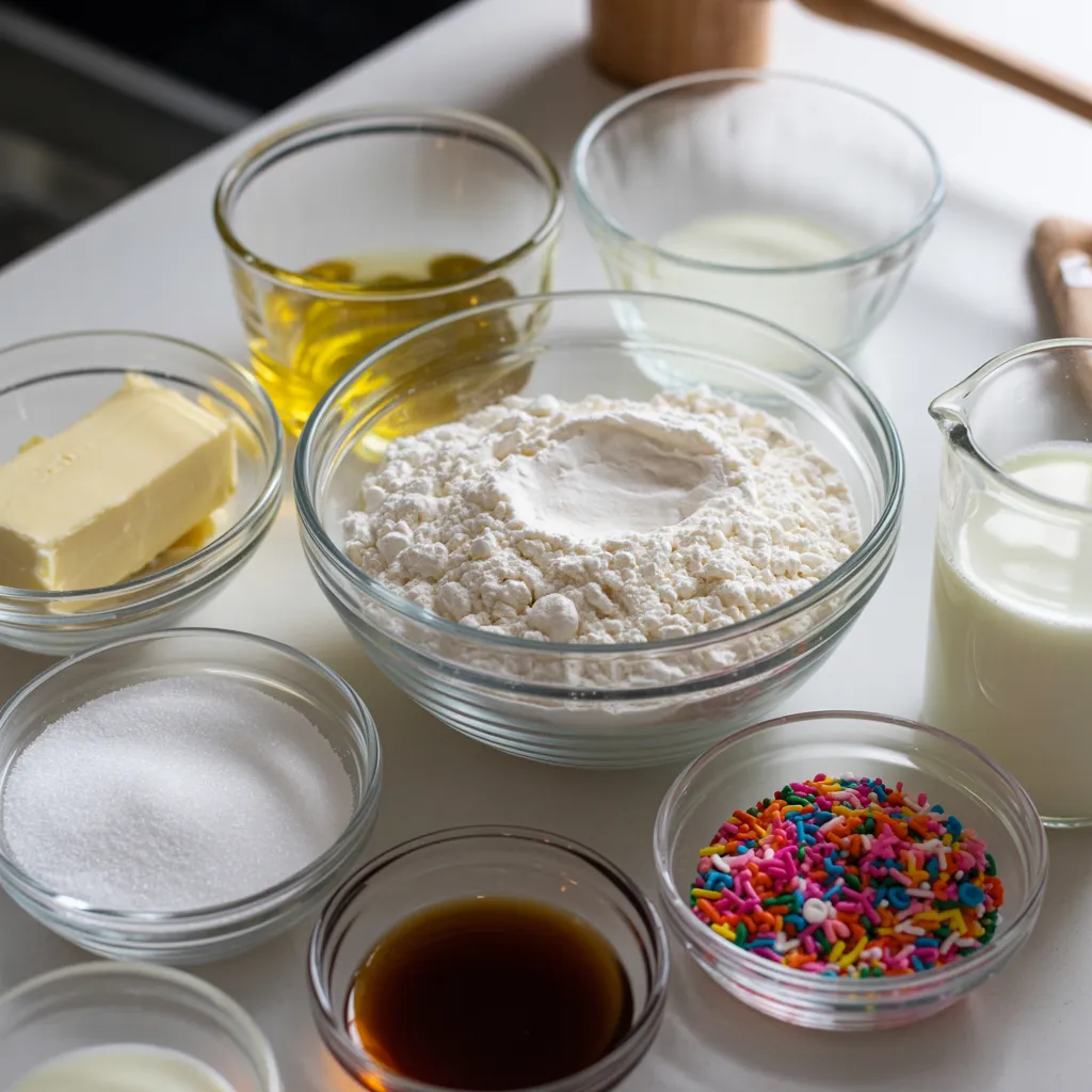 Ingredients for making Funfetti cake bars laid out in glass bowls

