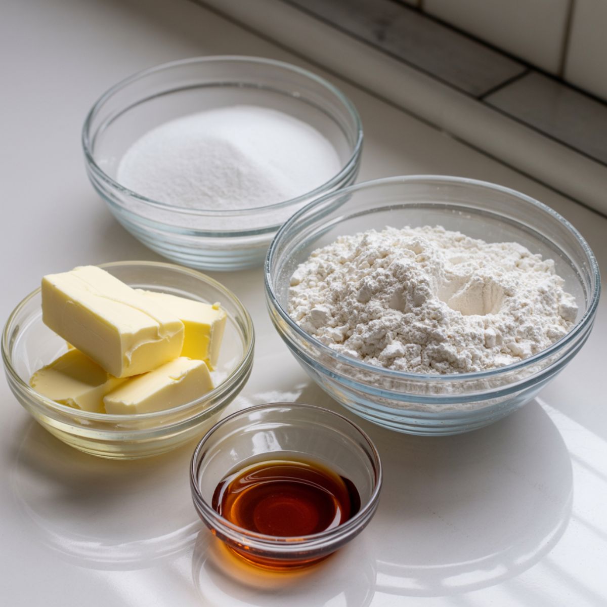 Display of all five essential ingredients for Swedish dream cookies on a kitchen counter

