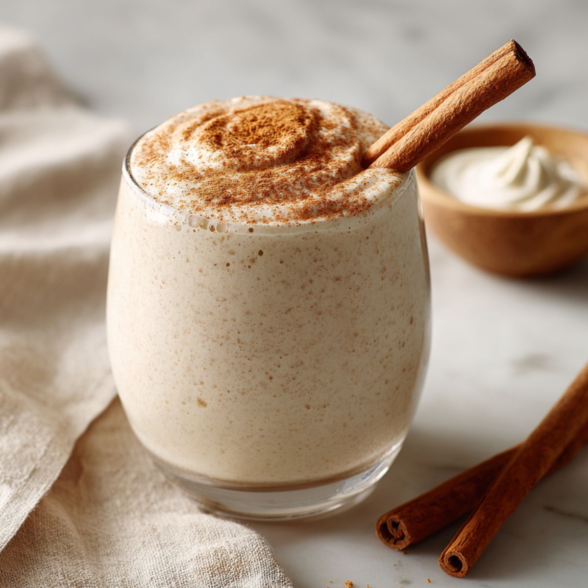 Cinnamon roll smoothie recipe served in a glass with a cinnamon stick beside it
