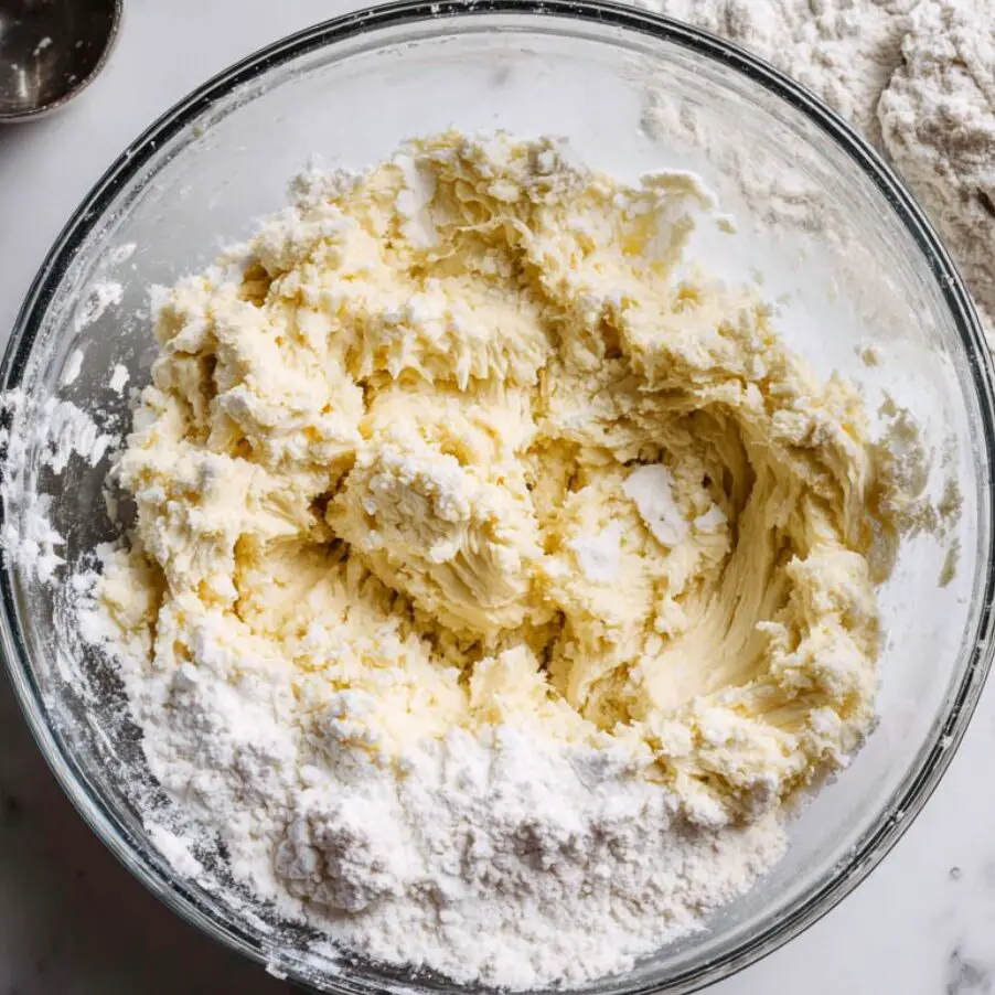 Creaming butter and sugar in a mixing bowl during dough preparation.


