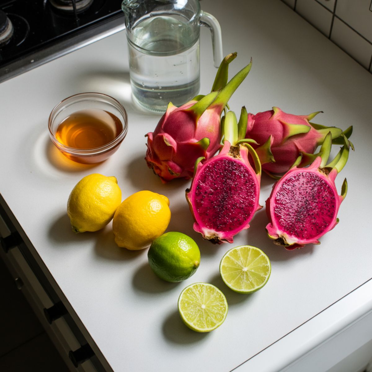 Ingredients for dragon fruit lemonade including dragon fruit, lemons, lime, honey, and water on a kitchen counter.