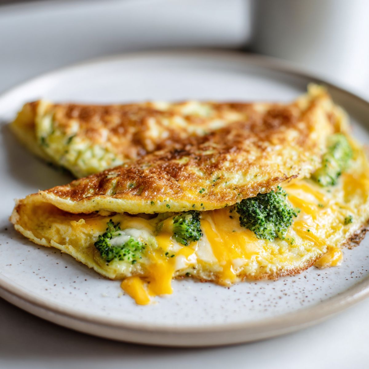 Close-up of homemade broccoli cheddar omelette recipe  on a plate.