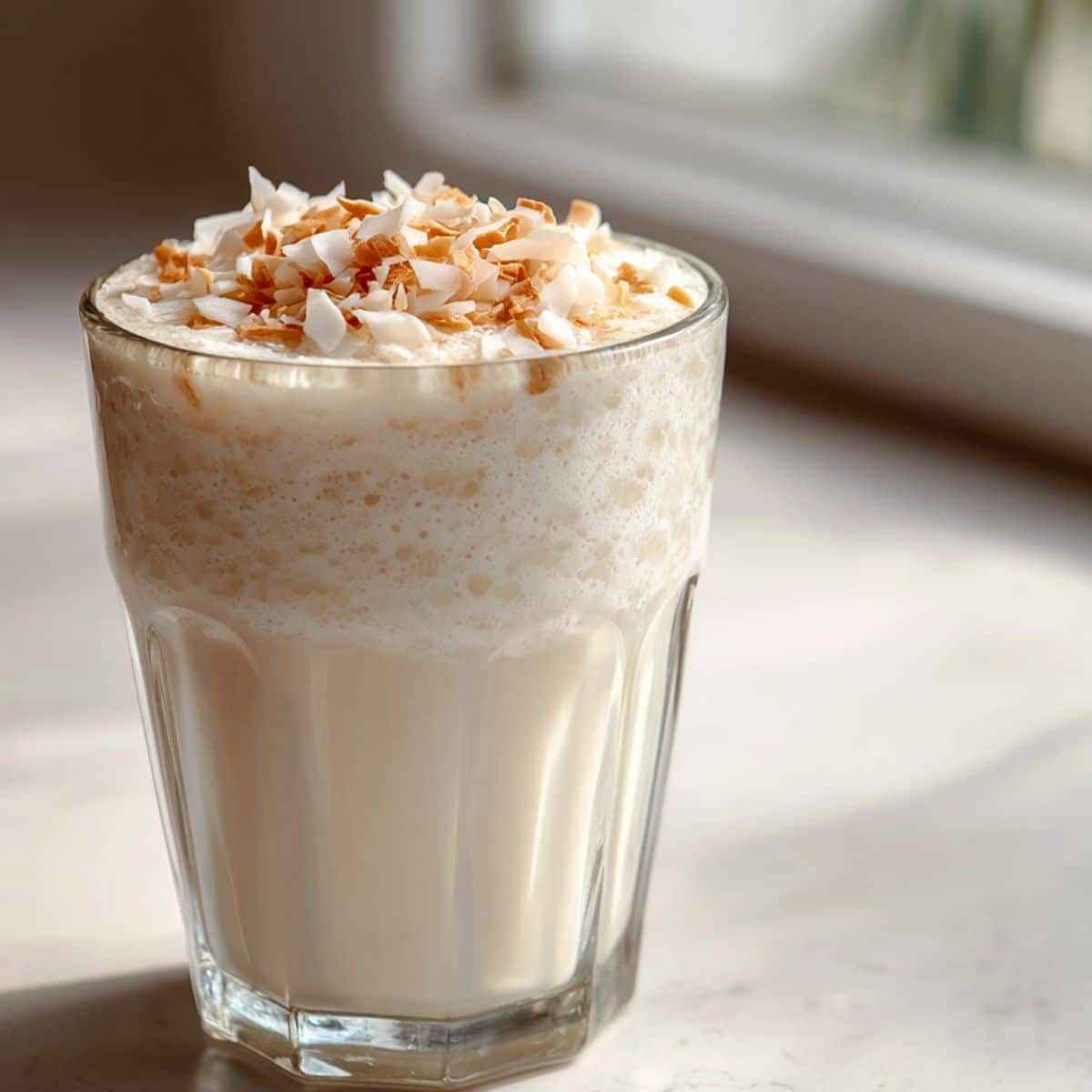 Coconut cream smoothie recipe in a glass with coconut flakes, on a white kitchen counter