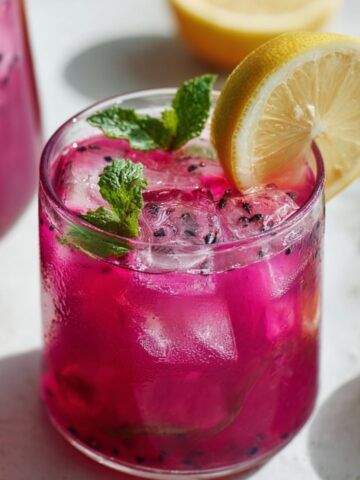 A pitcher of homemade dragon fruit lemonade recipe with lemon slices and mint on a white kitchen counter.