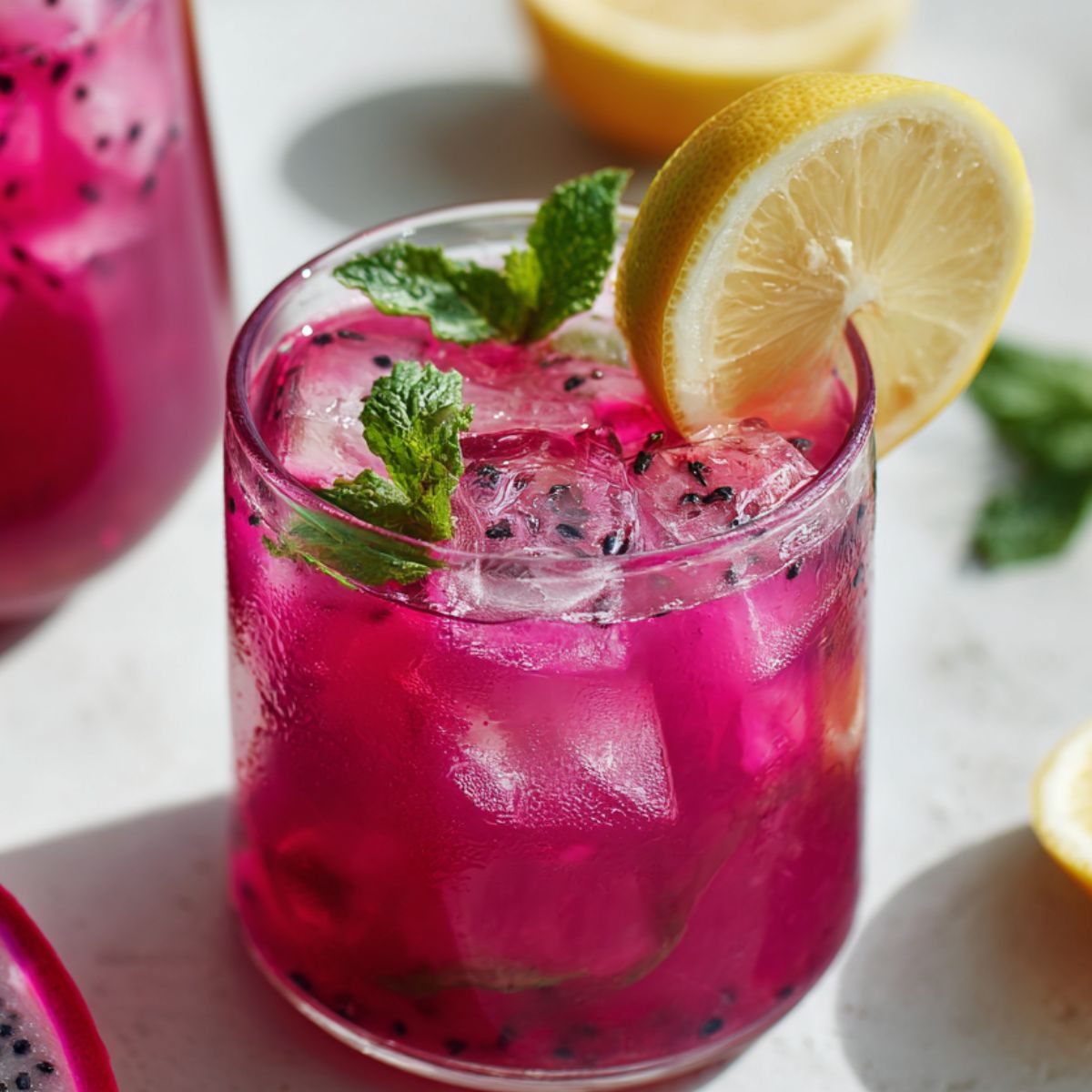 A pitcher of homemade dragon fruit lemonade recipe with lemon slices and mint on a white kitchen counter.