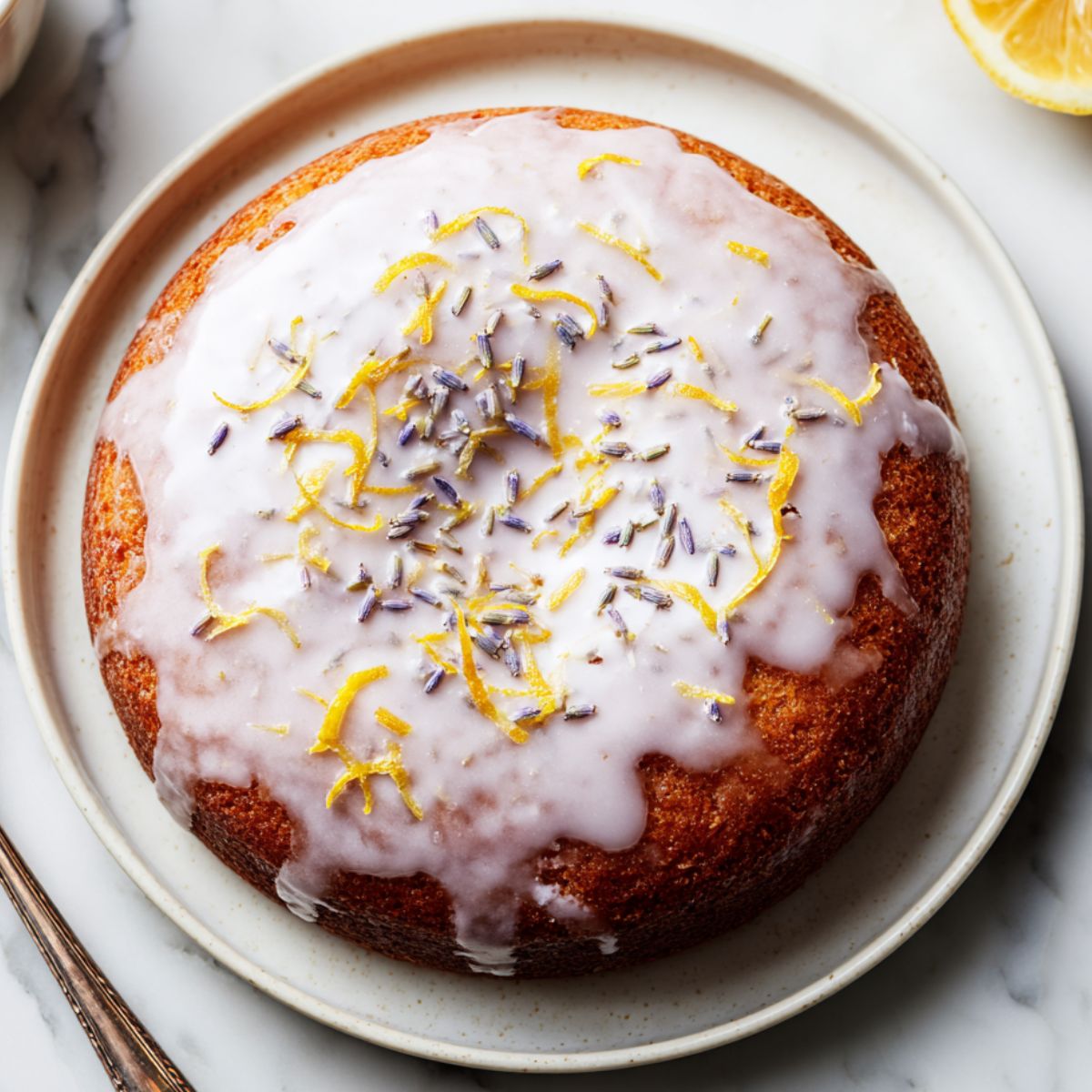 A full lavender lemon cake RECIPE with glaze on a white kitchen counter