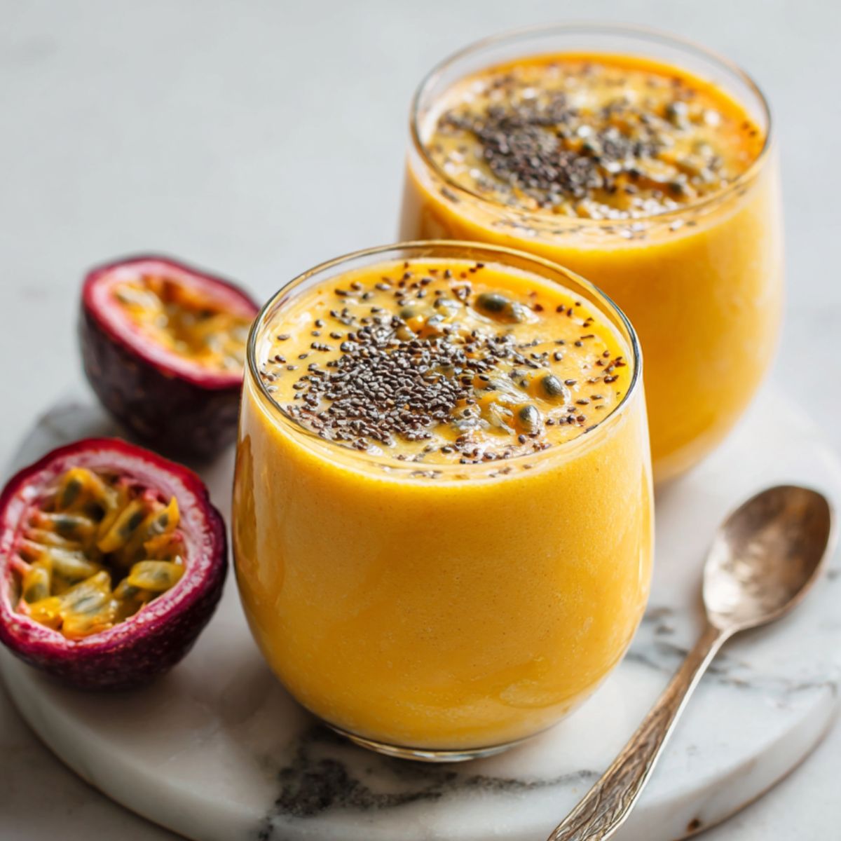 Passionfruit smoothie recipe served in a glass with fresh passion fruits on a white kitchen counter