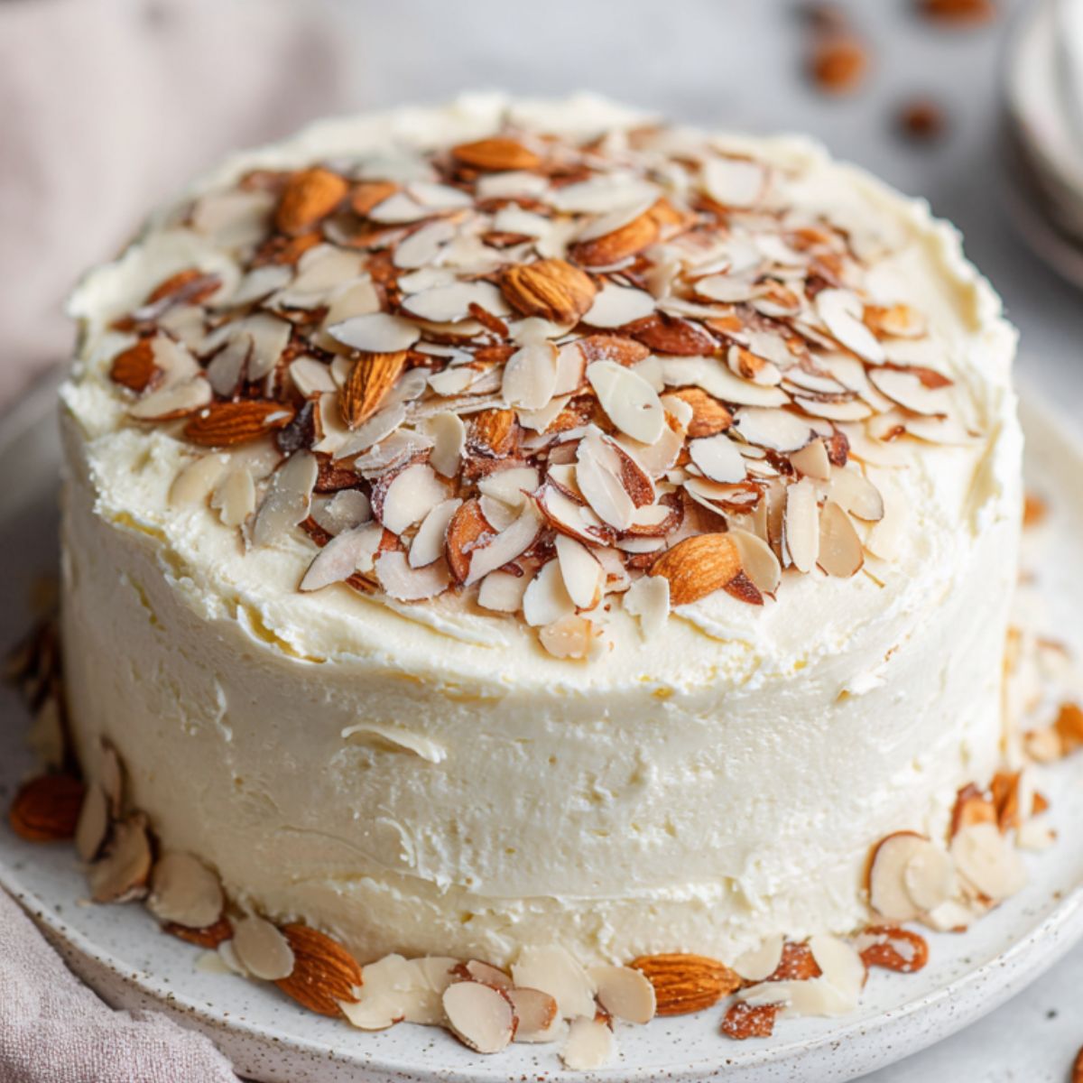 Homemade almond cream cake recipe with vanilla frosting and sliced almonds on top.


