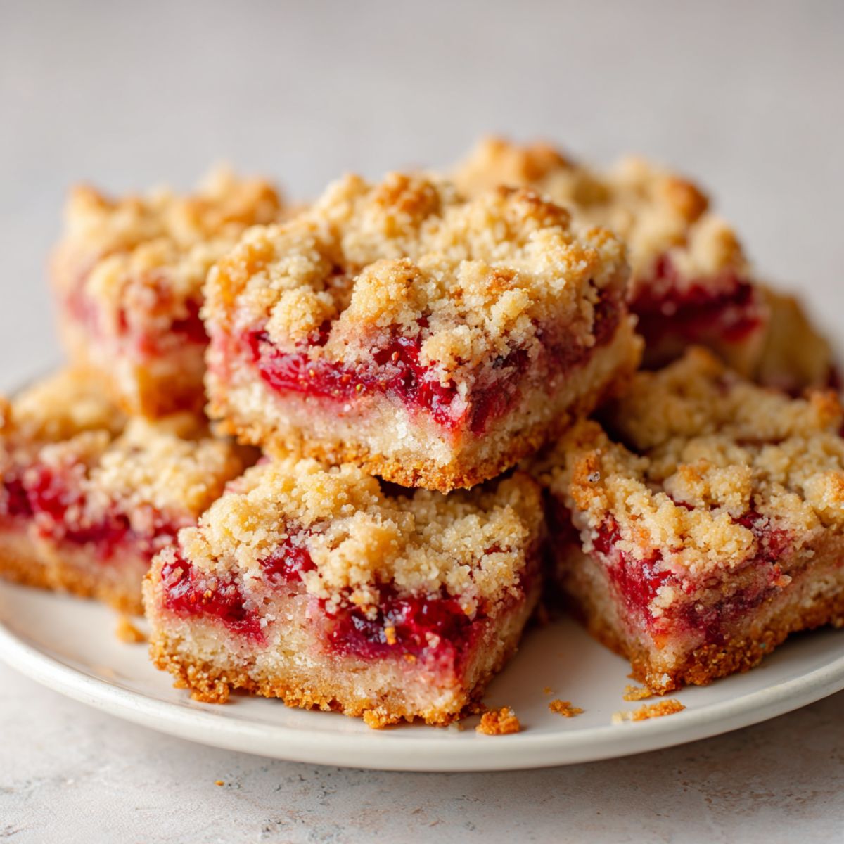 Freshly baked homemade strawberry crumb bars recipe cut into squares on a white kitchen counter

