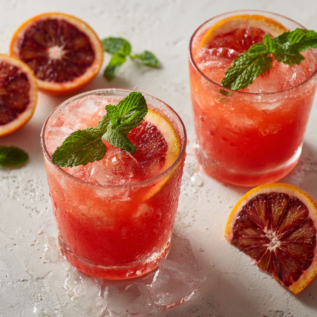 Glass of freshly squeezed blood orange juice recipe with mint on a white kitchen counter.

