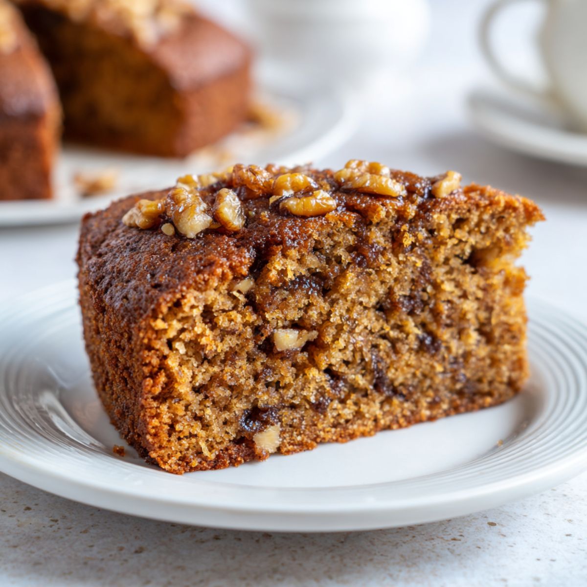A close-up overhead shot of a homemade date and walnut cake recipe slice on a white plate, showing moist texture and rustic appeal.

