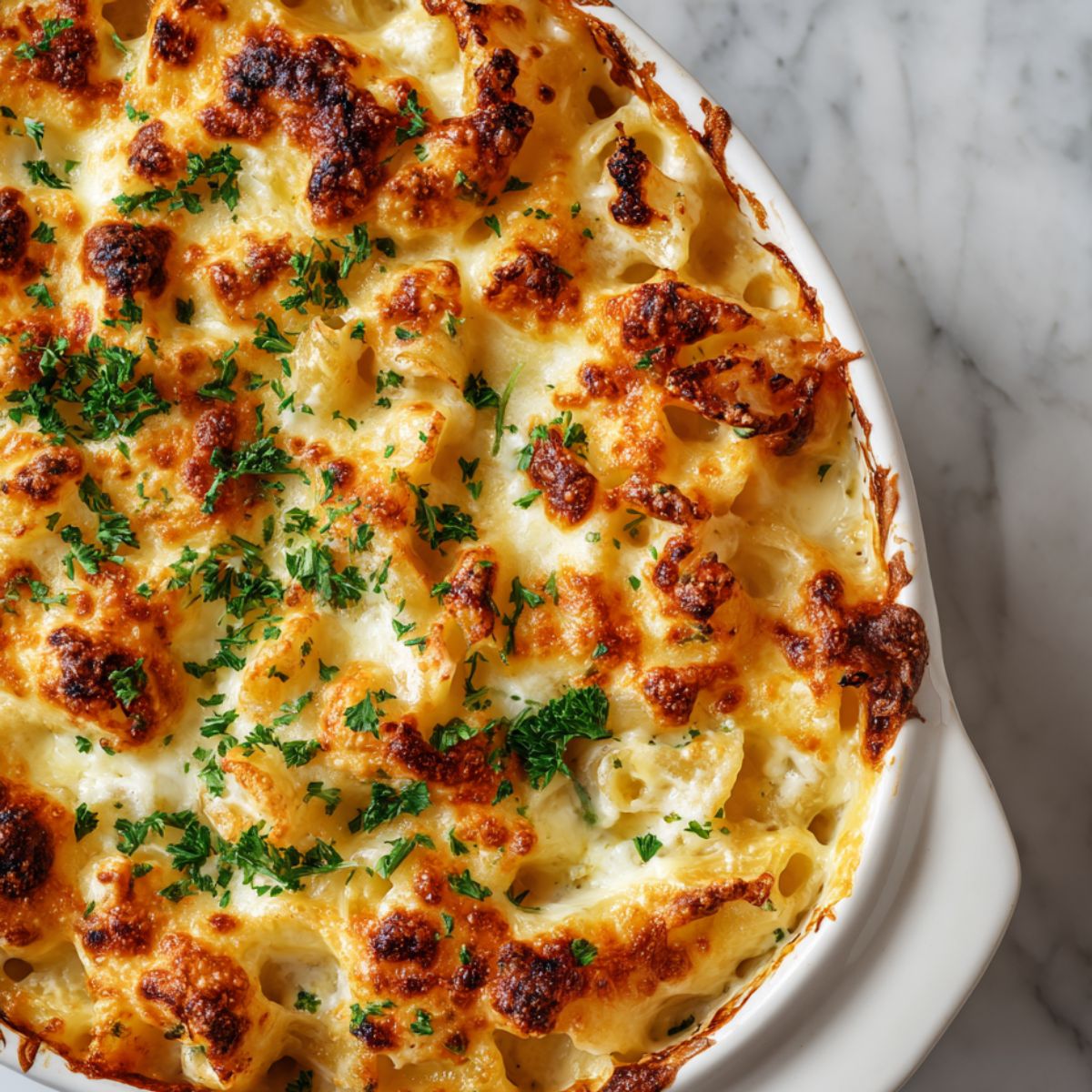 Golden, bubbly four cheese pasta bake recipe in baking dish fresh from oven