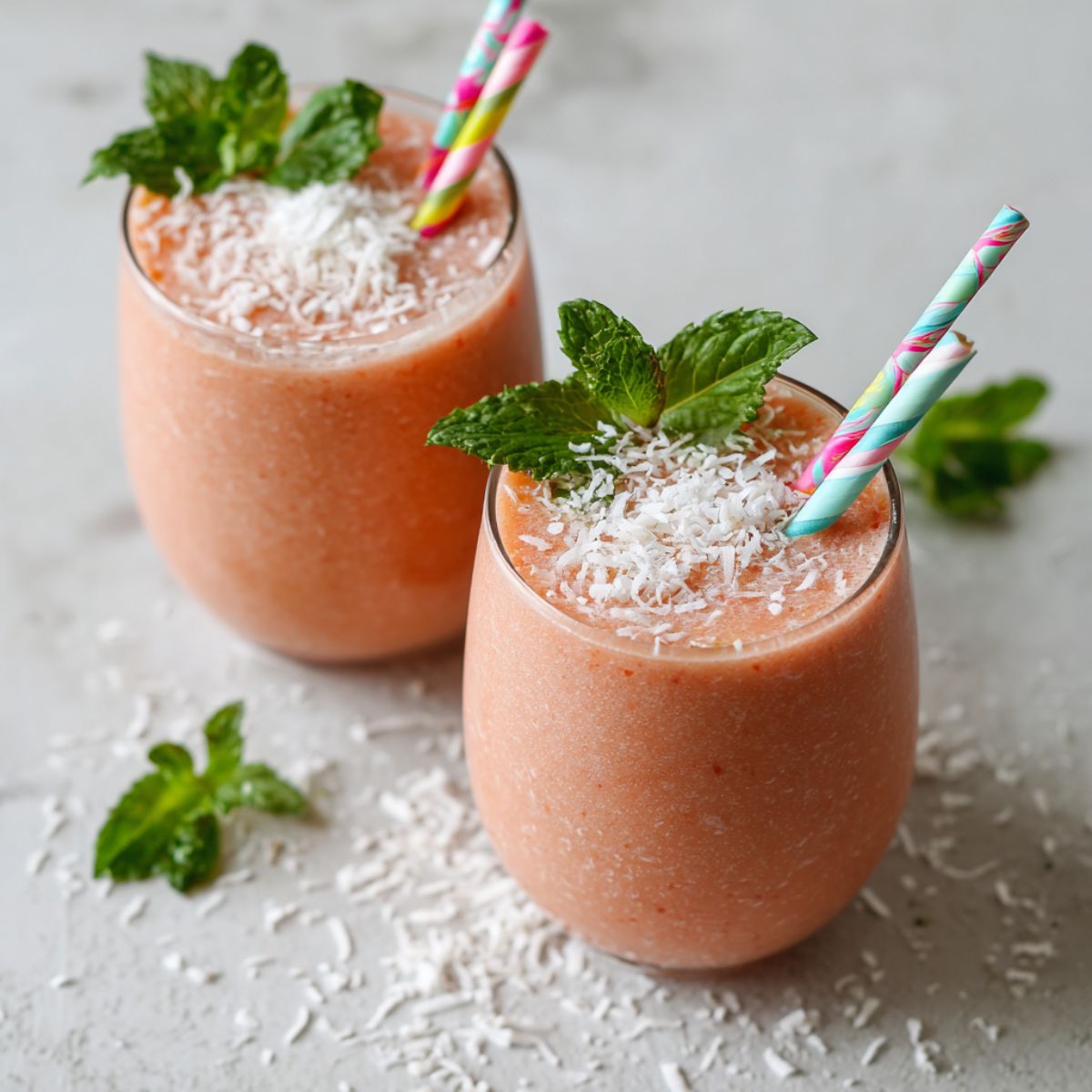 Freshly made pink guava smoothie recipe with mint and coconut on a white counter

