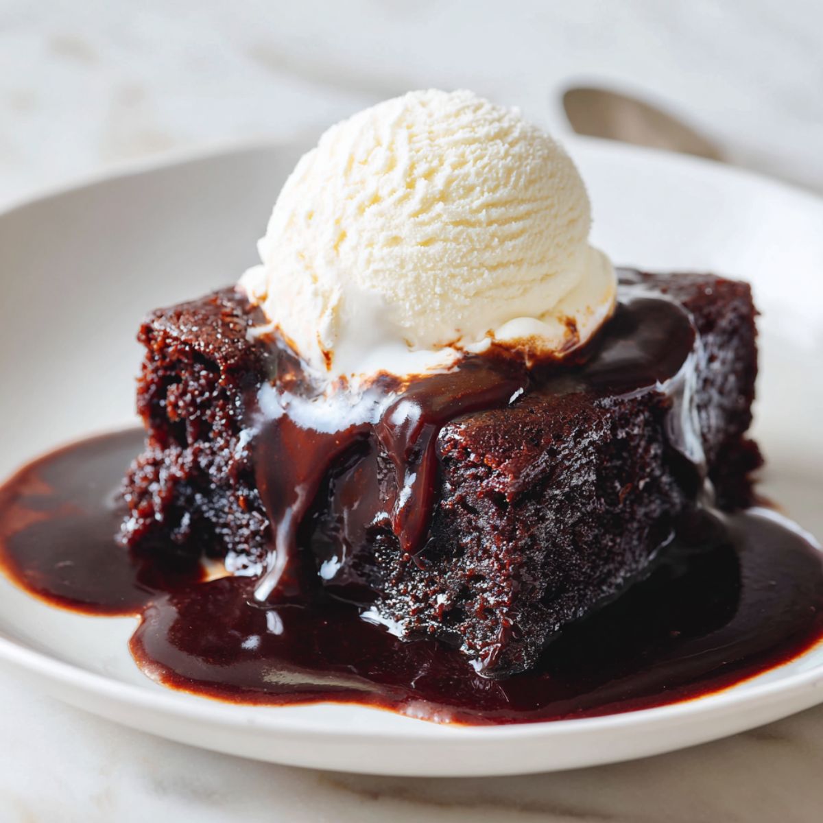 Slice of hot fudge pudding cake recipe with sauce and ice cream on a plate