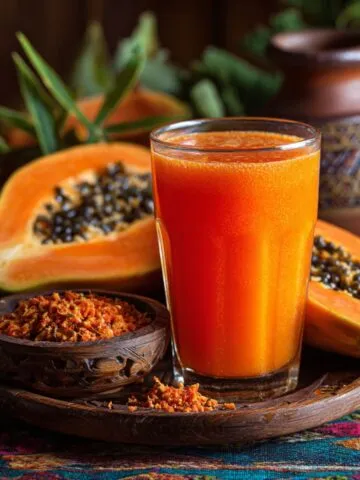 Fresh papaya juice recipe in a glass on a white counter