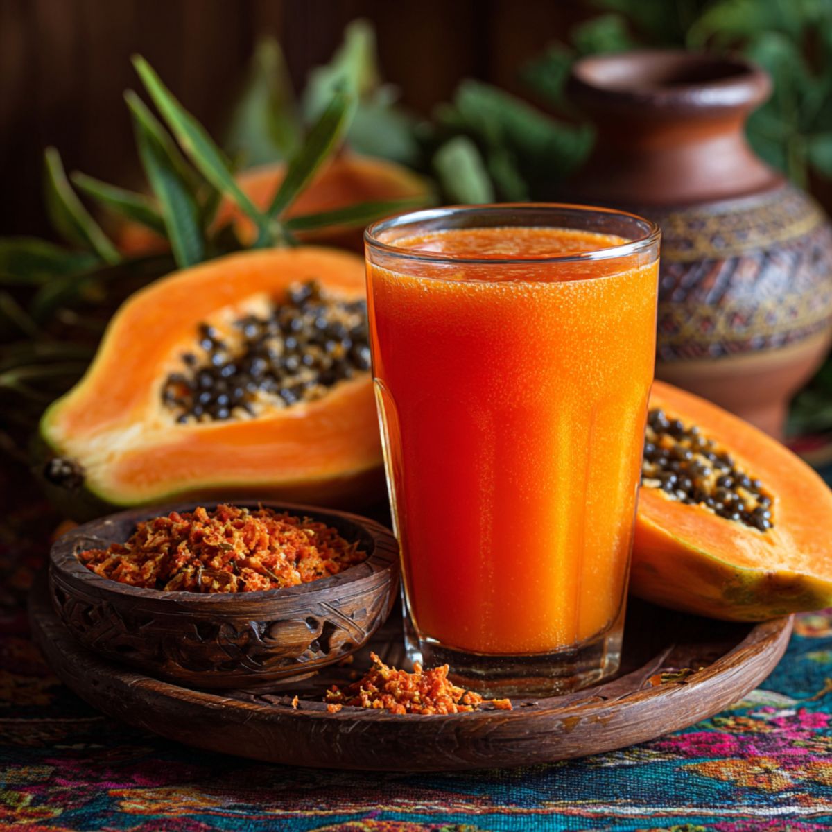 Fresh papaya juice recipe in a glass on a white counter