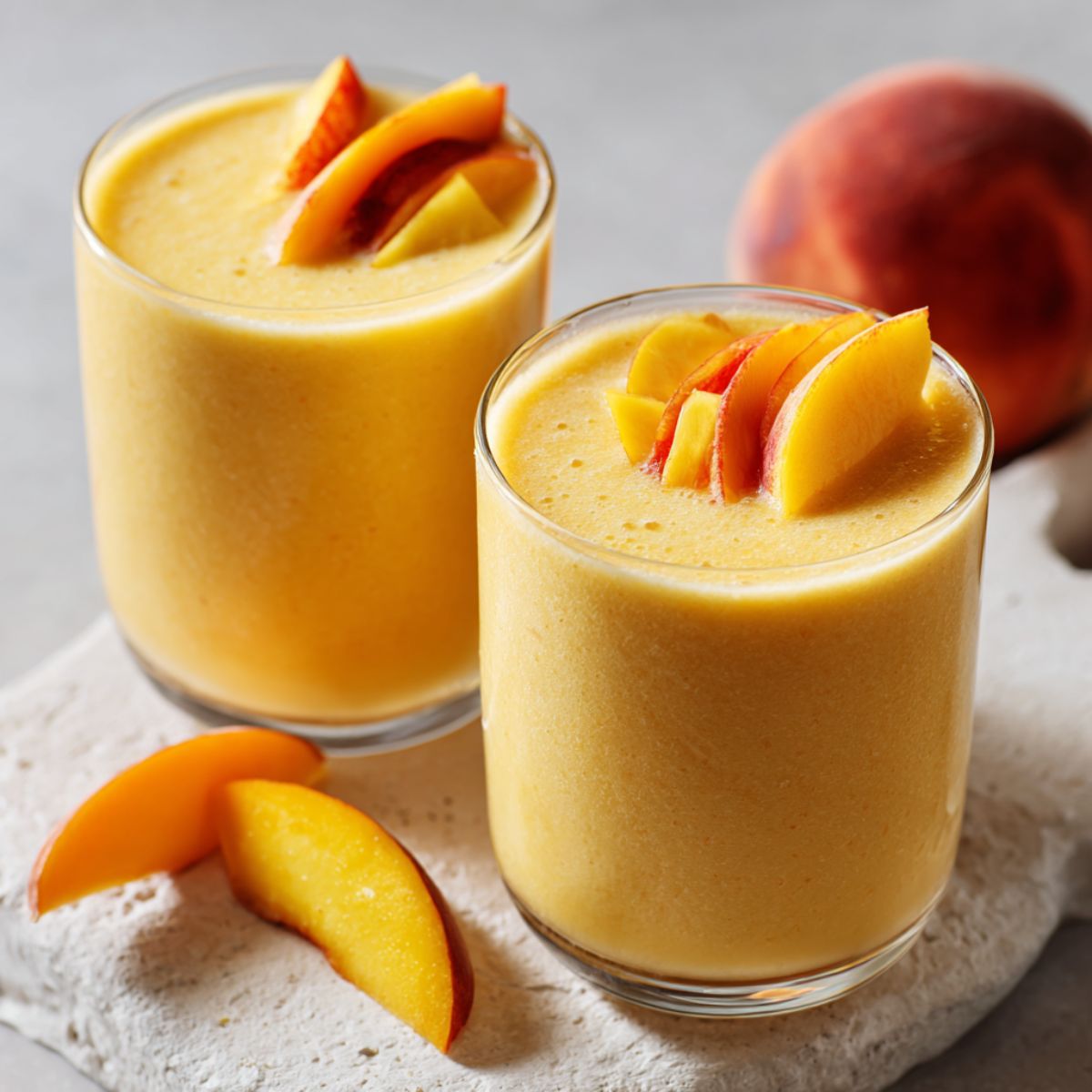 Overhead shot of a peach mango smoothie recipe in a glass with peach and mango slices on a white kitchen counter