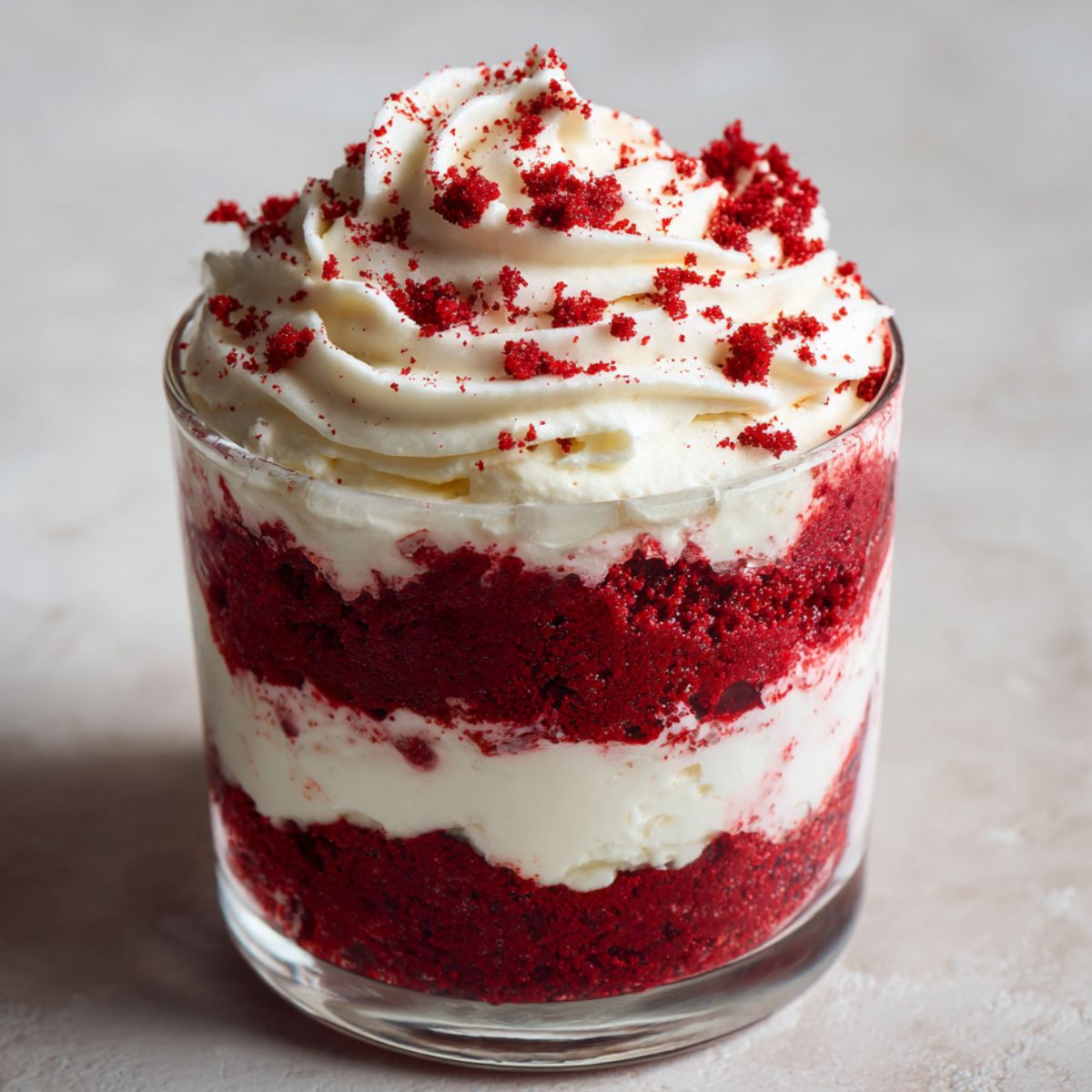 Homemade red velvet pudding recipe in a glass with cream cheese layers and whipped topping