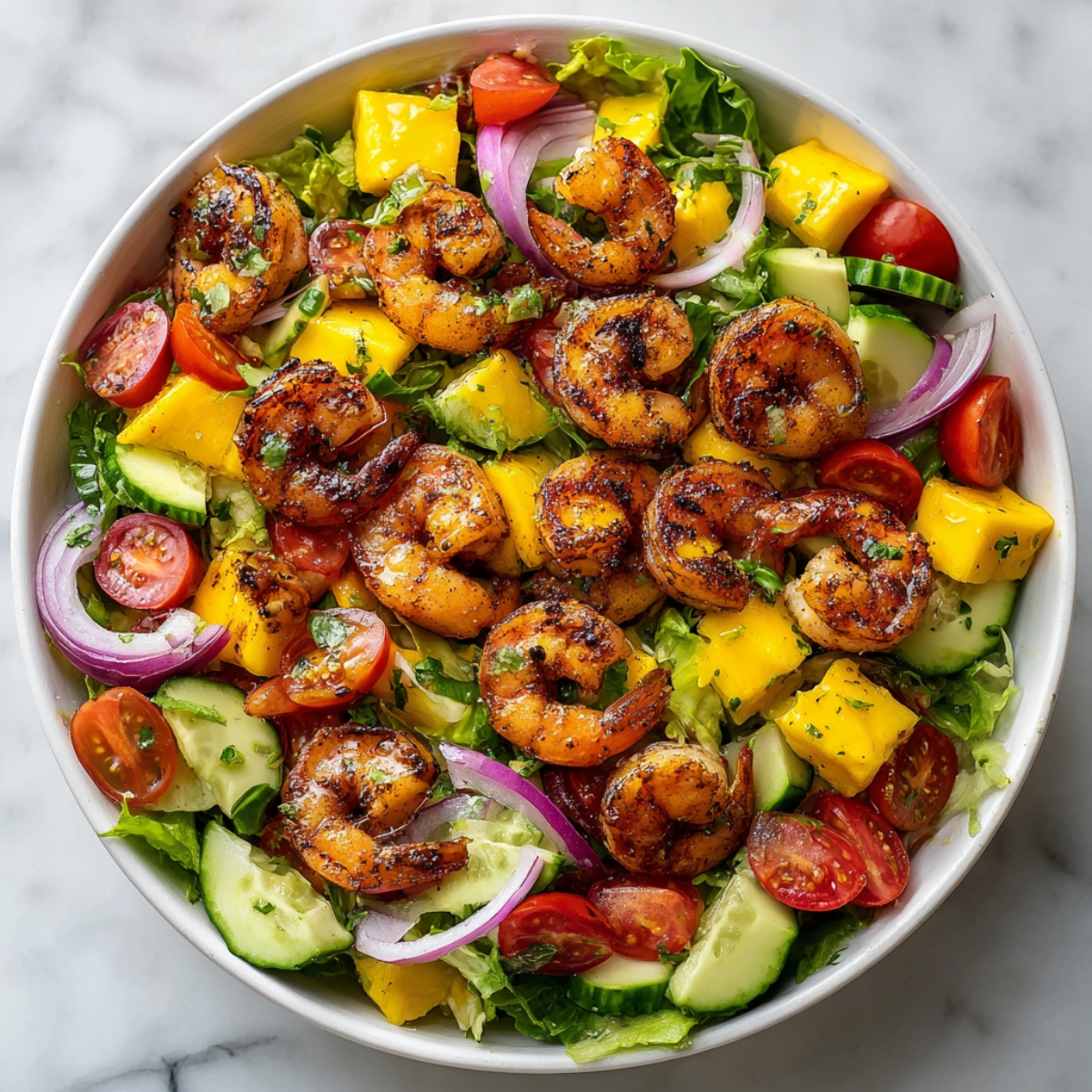 Overhead view of shrimp mango salad recipe with avocado, mango, shrimp, and citrus dressing in a white bowl