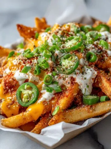 Homemade spicy cheese fries recipe topped with melted cheese, jalapeños, and sour cream on a white kitchen counter.