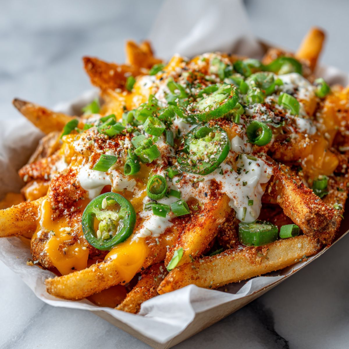 Homemade spicy cheese fries recipe topped with melted cheese, jalapeños, and sour cream on a white kitchen counter.

