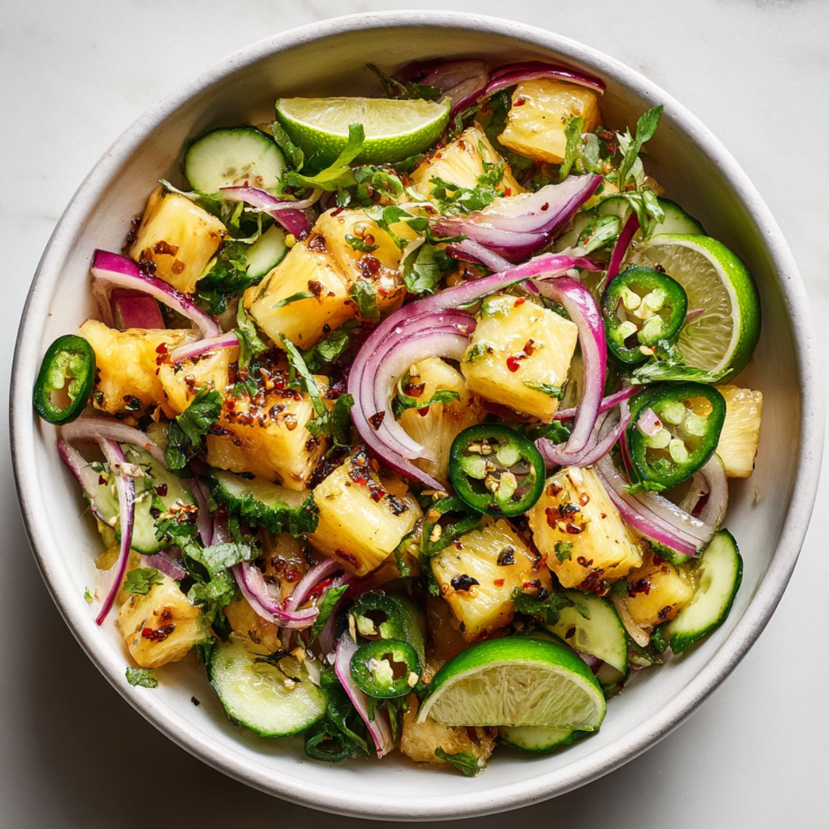 Top-down view of a pineapple cucumber salad recipe in a white bowl with tropical garnish on a white kitchen counter

