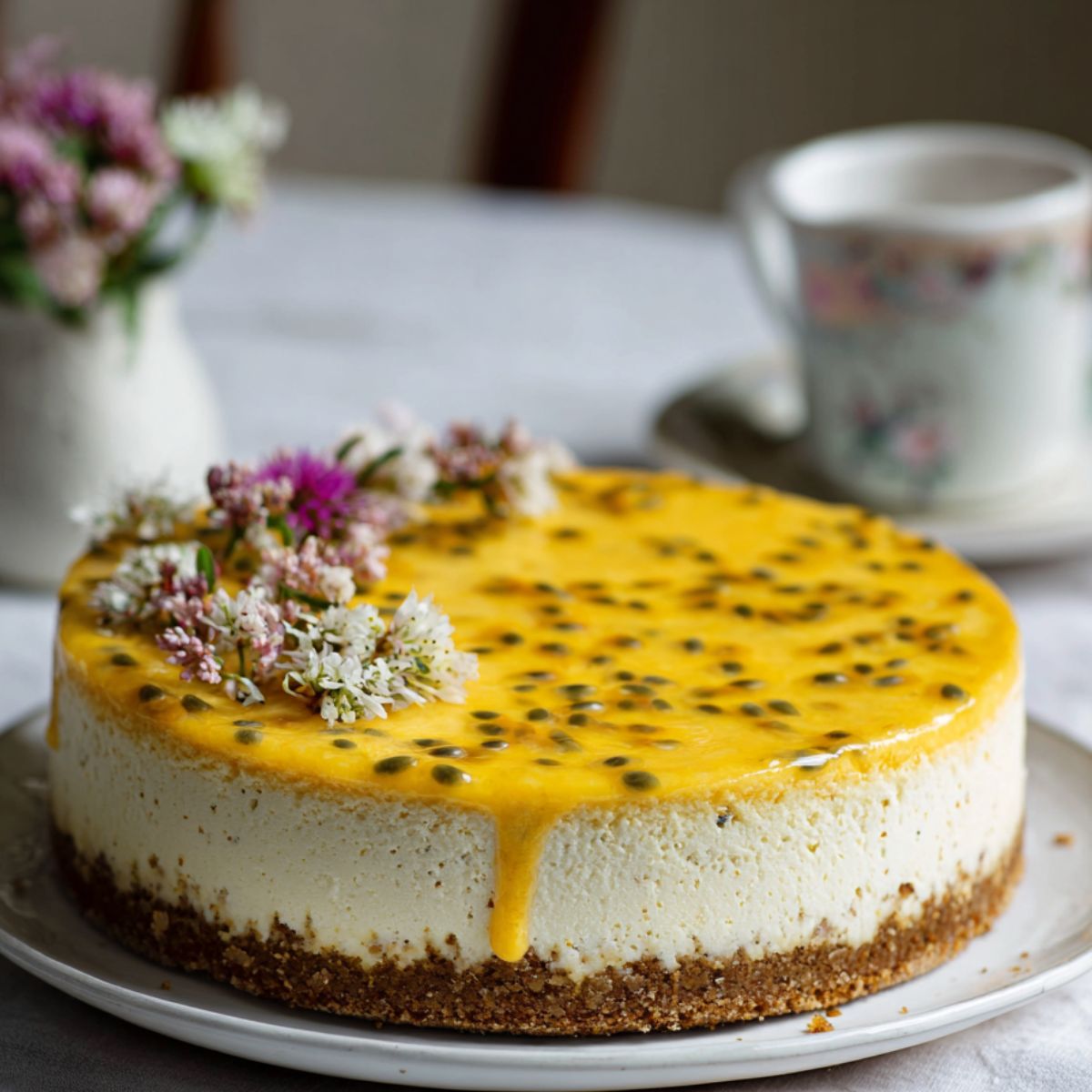 Whole passionfruit cheesecake recipe with golden topping on a white kitchen counter

