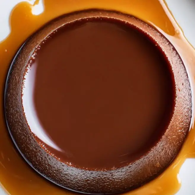 Flan unmolding onto a plate with caramel drizzle