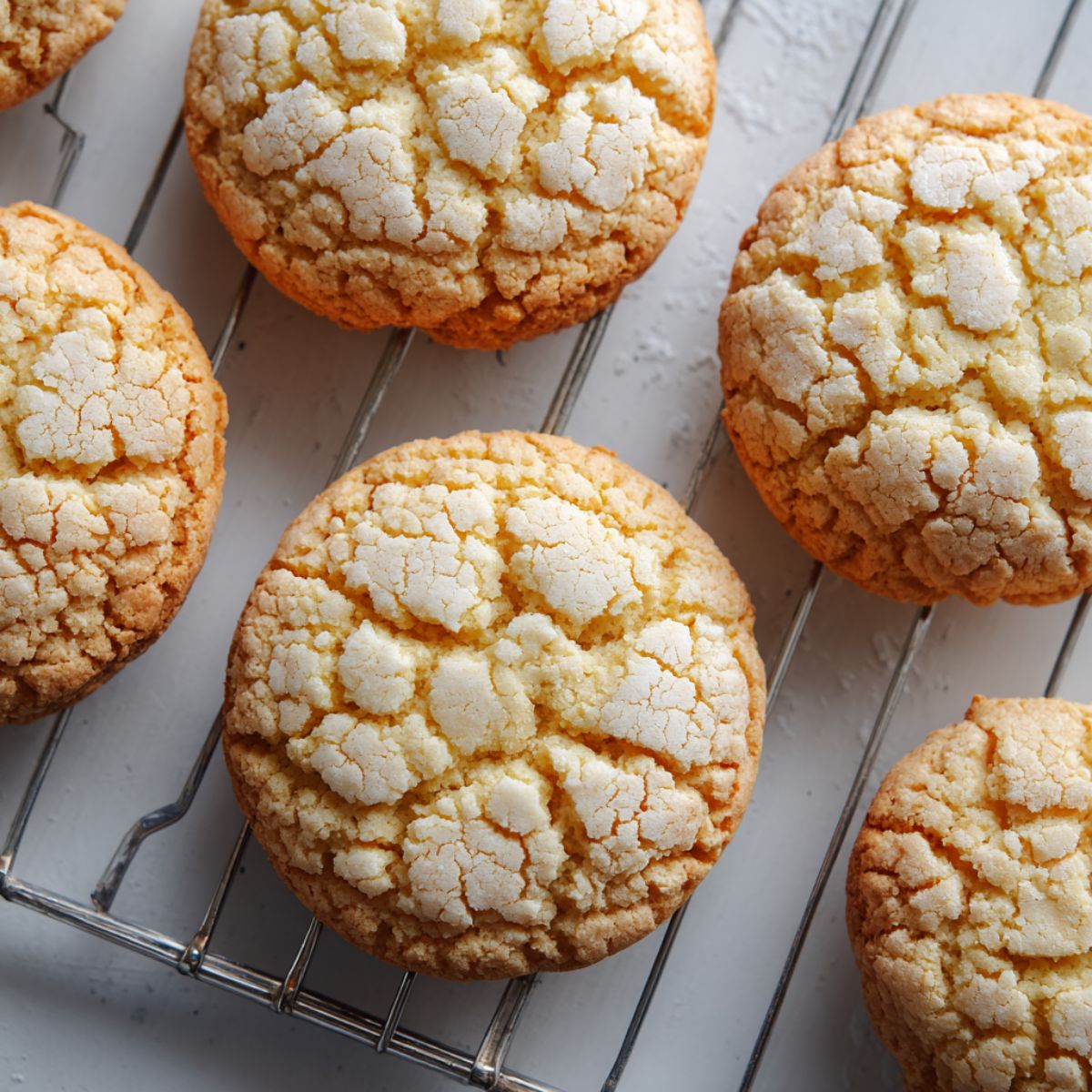 Freshly baked Swedish dream cookies cooling on a rack with cracked tops