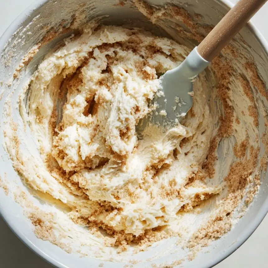 Creamed butter and sugars in a mixing bowl on a white kitchen surface