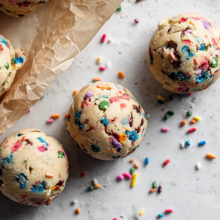 Funfetti cookie dough with rainbow sprinkles folded in, ready to bake