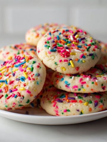 Freshly baked stack of homemade funfetti sugar cookies recipe with rainbow sprinkles on a white plate