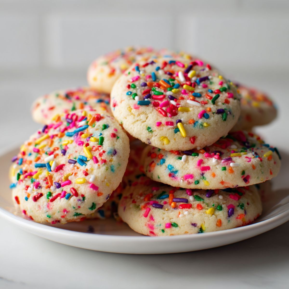 Freshly baked stack of homemade funfetti sugar cookies recipe with rainbow sprinkles on a white plate