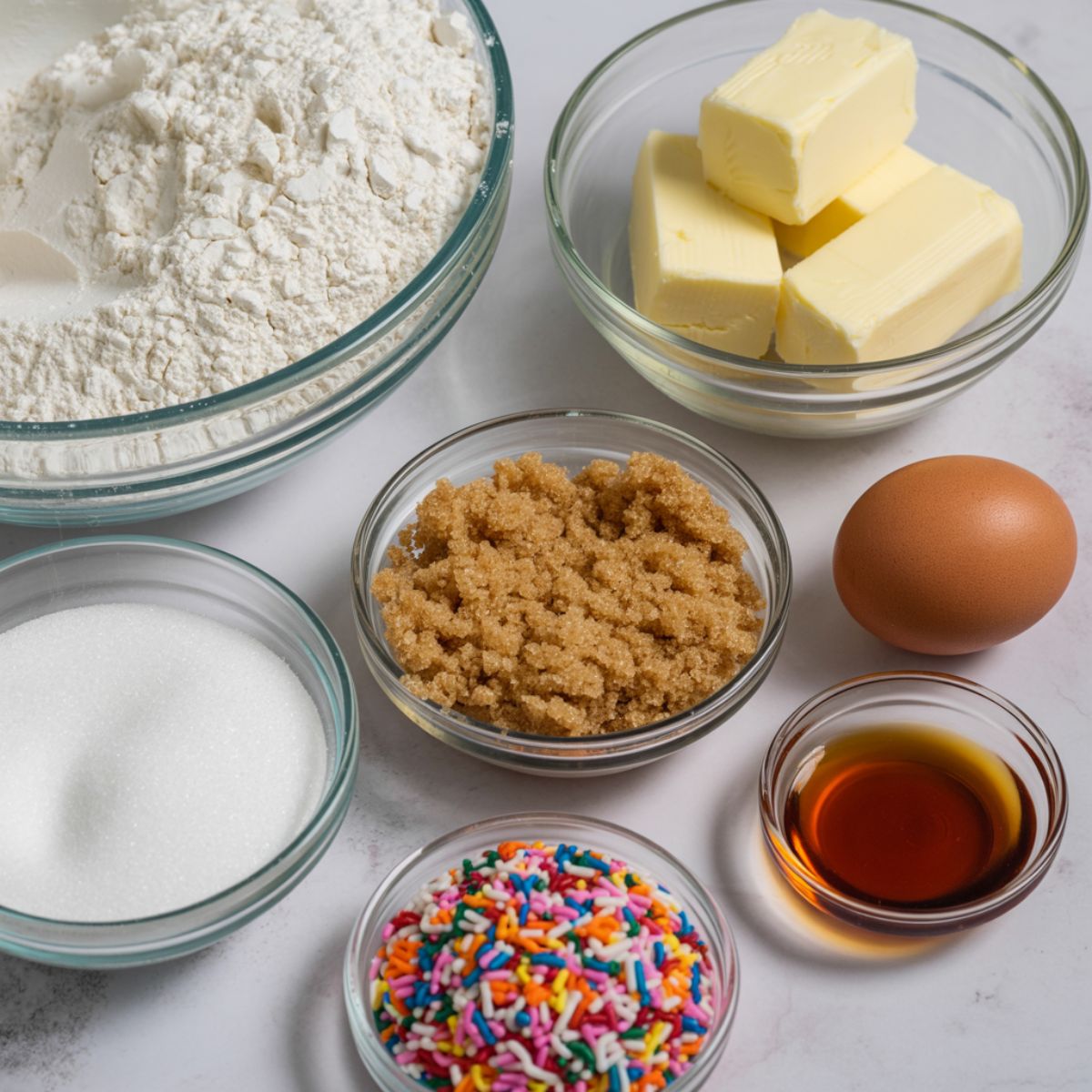 Measured ingredients for homemade funfetti sugar cookies on a white kitchen counter