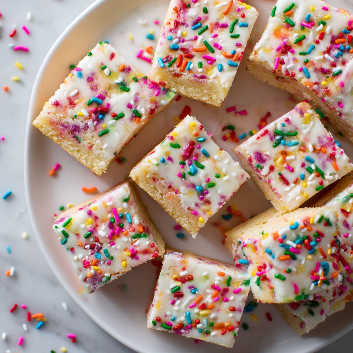 Homemade Funfetti cake bars recipe sliced on parchment paper with colorful sprinkles

